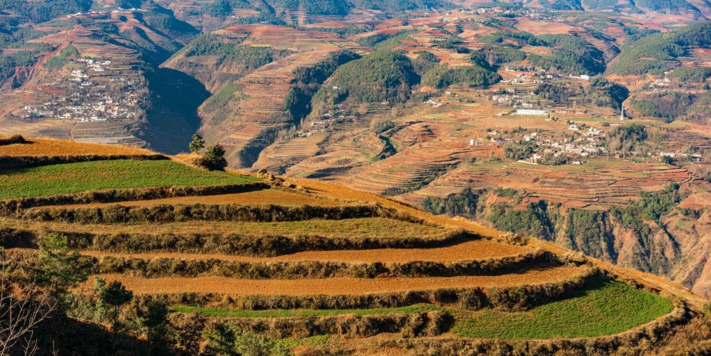 Terrassen auf dem Weg ins Dongchuan Roterde Gebiet